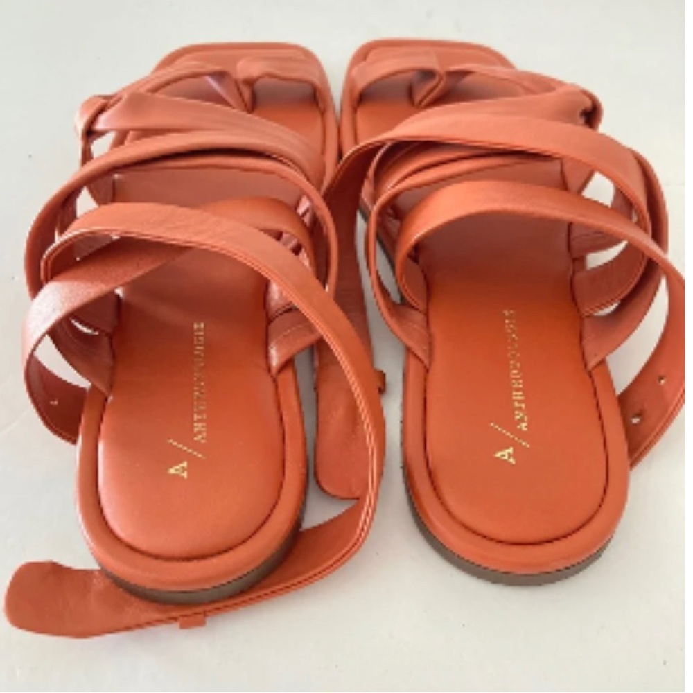 Anthropologie Strappy Puffy Strap Orange Leather‎ Sandals Sz. 9 - Picture 2 of 4